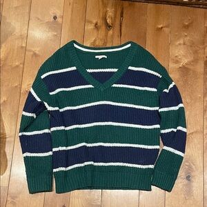 American Eagle Striped V-Neck Knit Sweater in Green & Navy